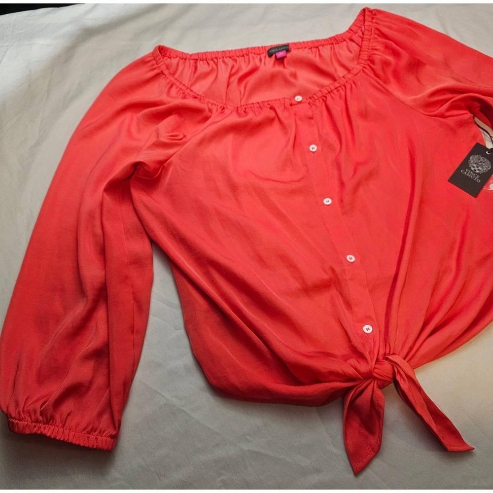 Vince Camuto XS Coral 3/4 Sleeve Faux Button Front, Tie @ Waist Shirt NWT 1294